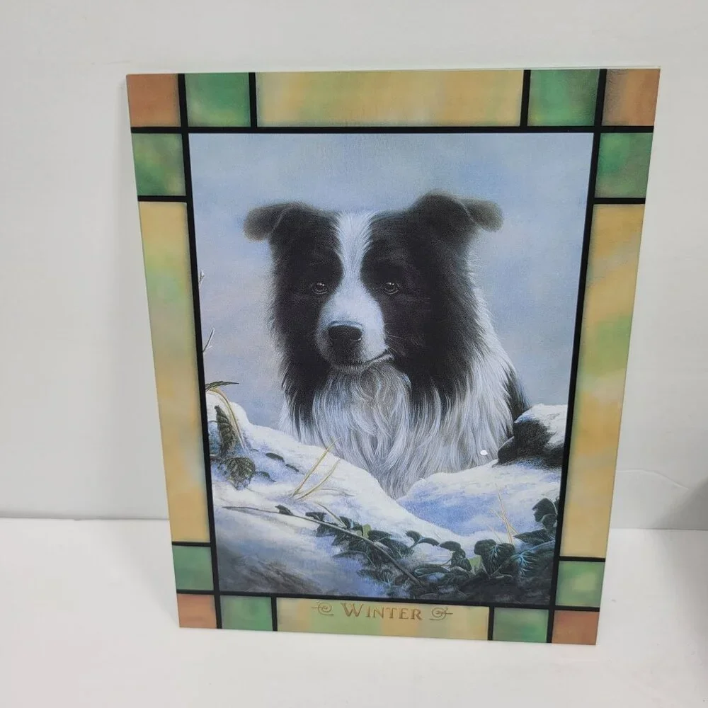 The Danbury Mint Border Collie Stained Glass Lighted Clock 4-Seasons Like New